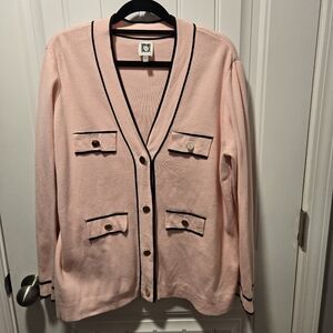 Anne Klein Women's Contrast-Trim Long-Sleeve Cardigan pink and black size Large